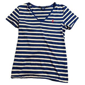 Ralph Lauren Womens Pima Cotton Striped V Neck Short Sleeve T Shirt XS